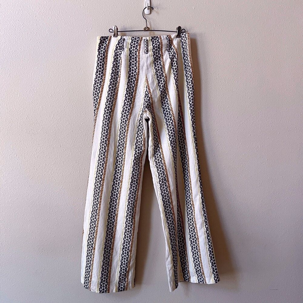 Anthropologie Eyelet Pants 8 Linen Cotton Striped Wide Leg Trousers Boho White - Picture 5 of 8